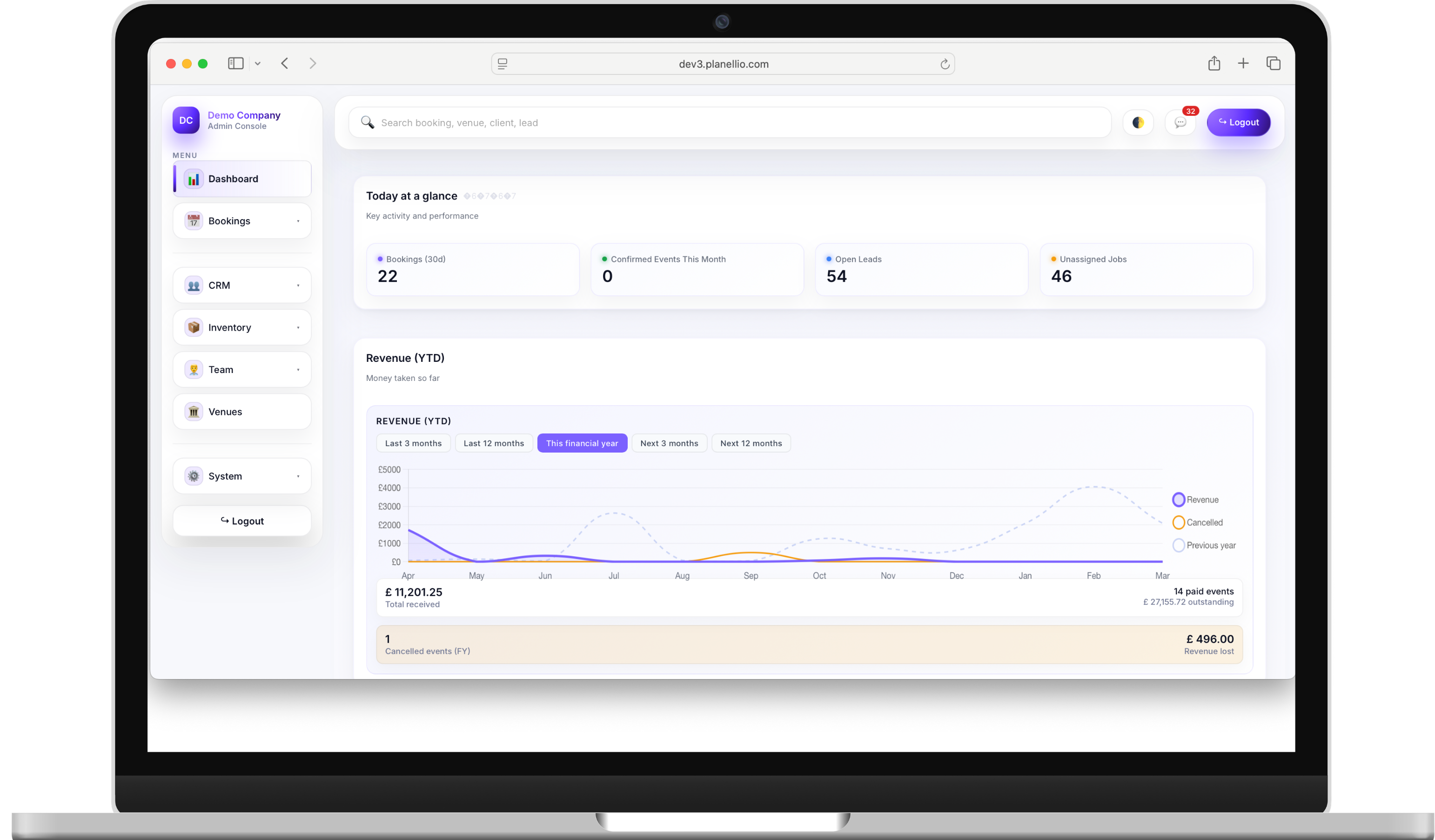 Event booking software dashboard