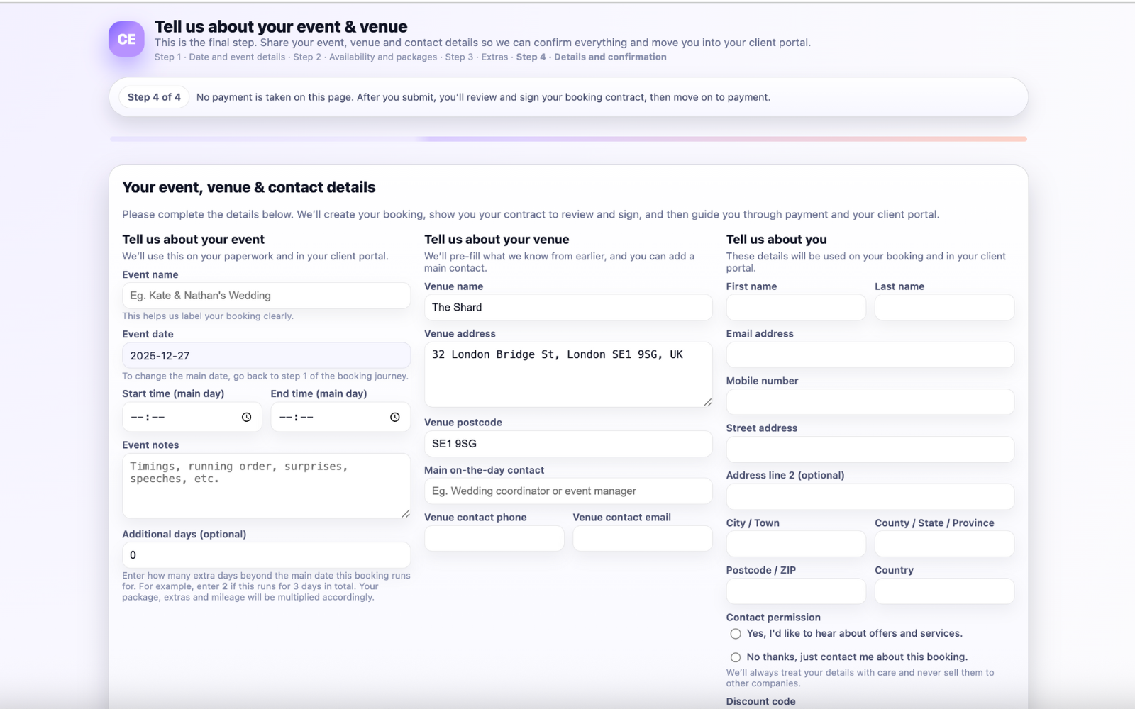 Planellio public checkout style booking screenshot