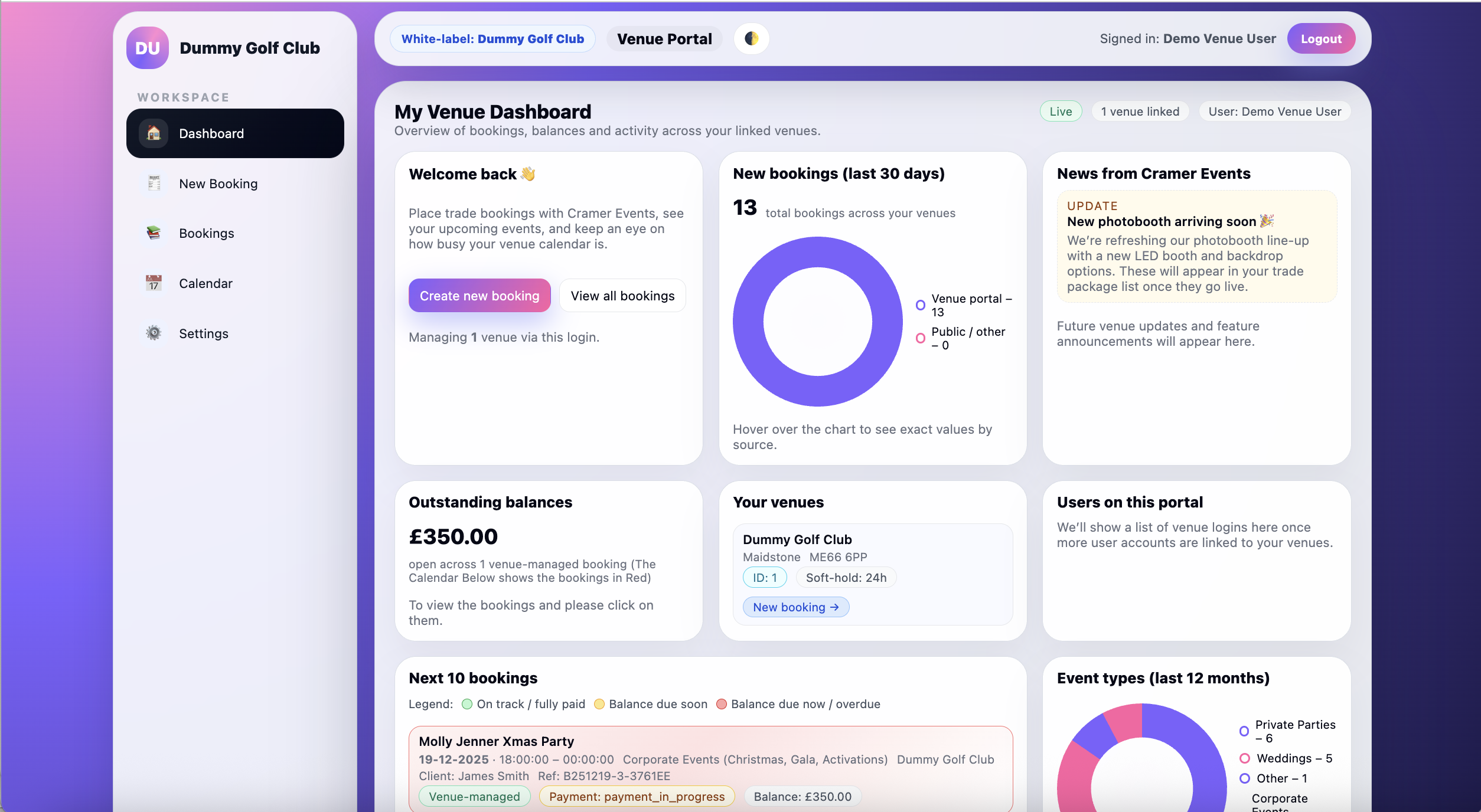 Planellio venue portal dashboard preview