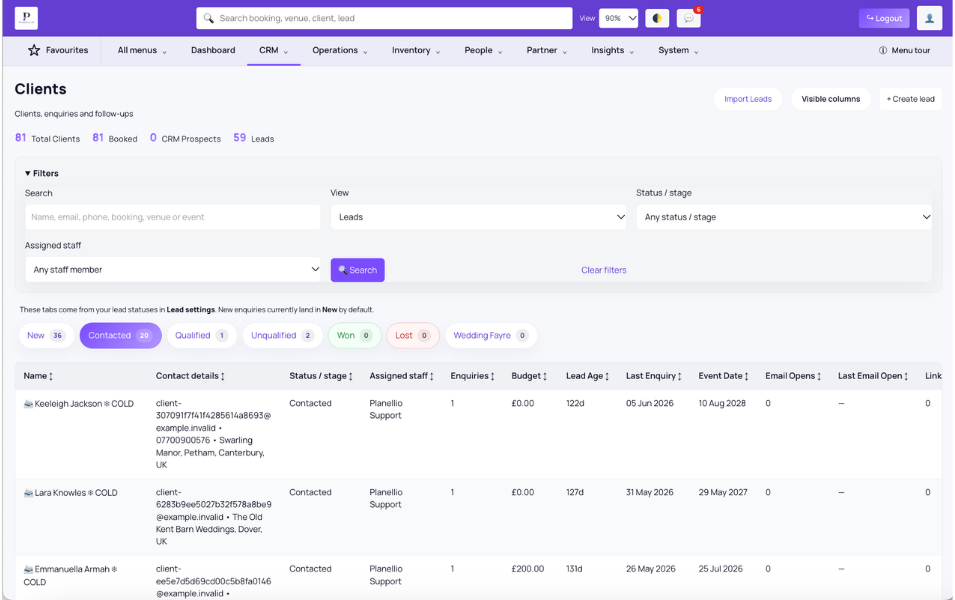 Planellio CRM feature view