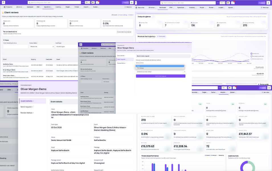 Planellio review management dashboard with completed-event filters and performance reporting